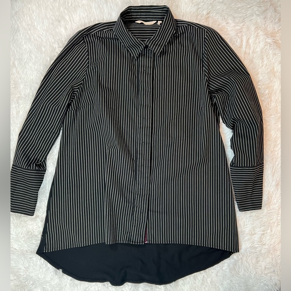 Soft Surroundings Courtland High Low Black Striped Button Up Shirt Top